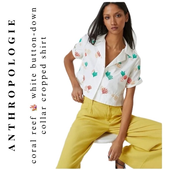 anthropologie • coral reef seashell cropped button up short sleeve collar shirt - Picture 15 of 17